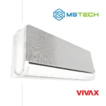 Prikaz lijeve strane unutrašnje jedinice VIVAX COOL ACP 12CH35AEHI+ R32 inverter klima uređaja srebrne boje. Na slici se nalazi logo naše firme "MS Tech" i logo proizvođača "VIVAX".