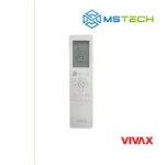 Prikaz daljinskog upravljača VIVAX COOL ACP 12CH35AEMI+ R32 inverter klima uređaja bijele boje. Pored toga na slici se nalazi logo naše firme "MS Tech" i logo proizvođača "VIVAX"