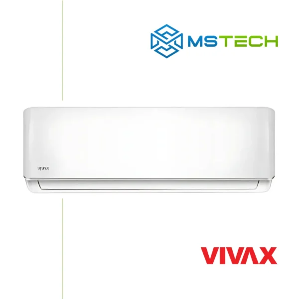 Prikaz prednje strane unutrašnje jedinice VIVAX COOL ACP 12CH35AEMI+ R32 inverter klima uređaja bijele boje. Pored toga na slici se nalazi logo naše firme "MS Tech" i logo proizvođača "VIVAX"