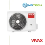 Prikaz prednje strane vanjske jedinice VIVAX COOL ACP 12CH35AEMI+ R32 inverter klima uređaja bijele boje. Pored toga na slici se nalazi logo naše firme "MS Tech" i logo proizvođača "VIVAX"