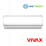 Prikaz prednje strane unutrašnje jedince Vivax Cool ACP 18CH50AEQIs R32 split klima uređaja bijele boje. Na slici se nalazi logo "MS Tech" i logo proizvođača "Vivax".