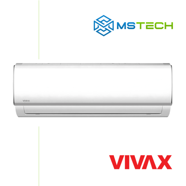 Prikaz prednje strane unutrašnje jedince Vivax Cool ACP 18CH50AEQIs R32 split klima uređaja bijele boje. Na slici se nalazi logo "MS Tech" i logo proizvođača "Vivax".