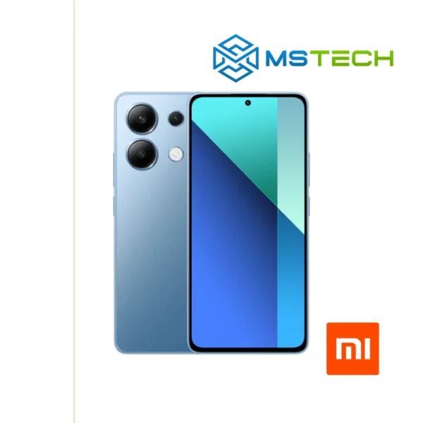 Prikaz XIAOMI REDMI NOTE 13 PRO 4G 12GB 512GB Ice Blue mobilnog telefona. Na slici je prikazana prednja i zadnja strana mobitela. Pored toga na slici se nalazi logo naše firme "MS Tech" i logo proizvođača "XIAOMI".