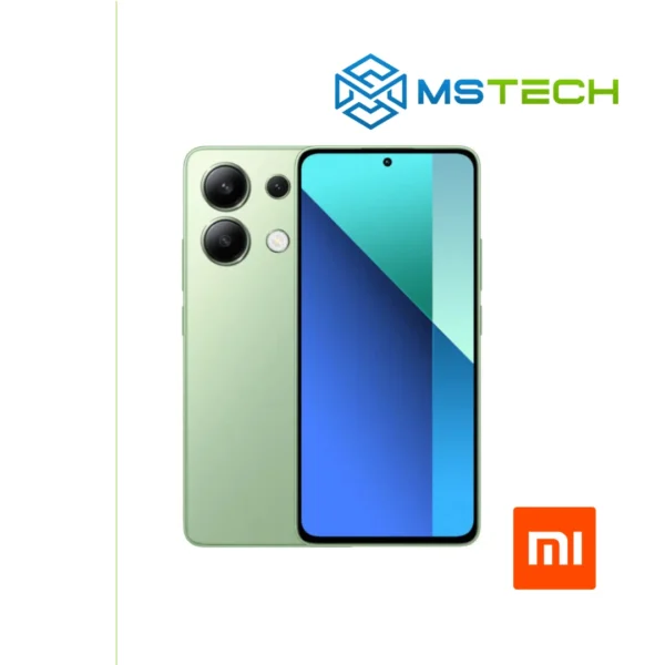 Prikaz XIAOMI REDMI NOTE 13 PRO 4G 8GB 256GB Mint Green mobilnog telefona. Na slici je prikazana prednja i zadnja strana mobitela. Pored toga na slici se nalazi logo naše firme "MS Tech" i logo proizvođača "XIAOMI".