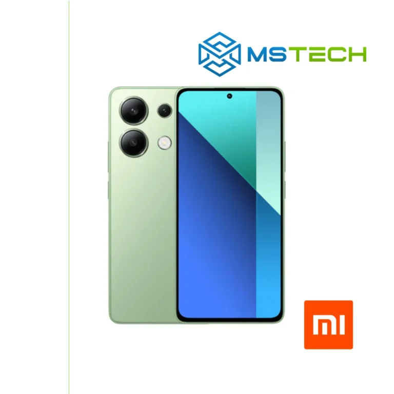 Prikaz XIAOMI REDMI NOTE 13 PRO 4G 8GB 256GB Mint Green mobilnog telefona. Na slici je prikazana prednja i zadnja strana mobitela. Pored toga na slici se nalazi logo naše firme "MS Tech" i logo proizvođača "XIAOMI".