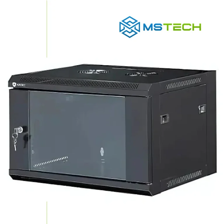 Na slici su prikazani ANSEC 9U Rek ormar, 600x450 zidni i logo naše firme "MSTech"