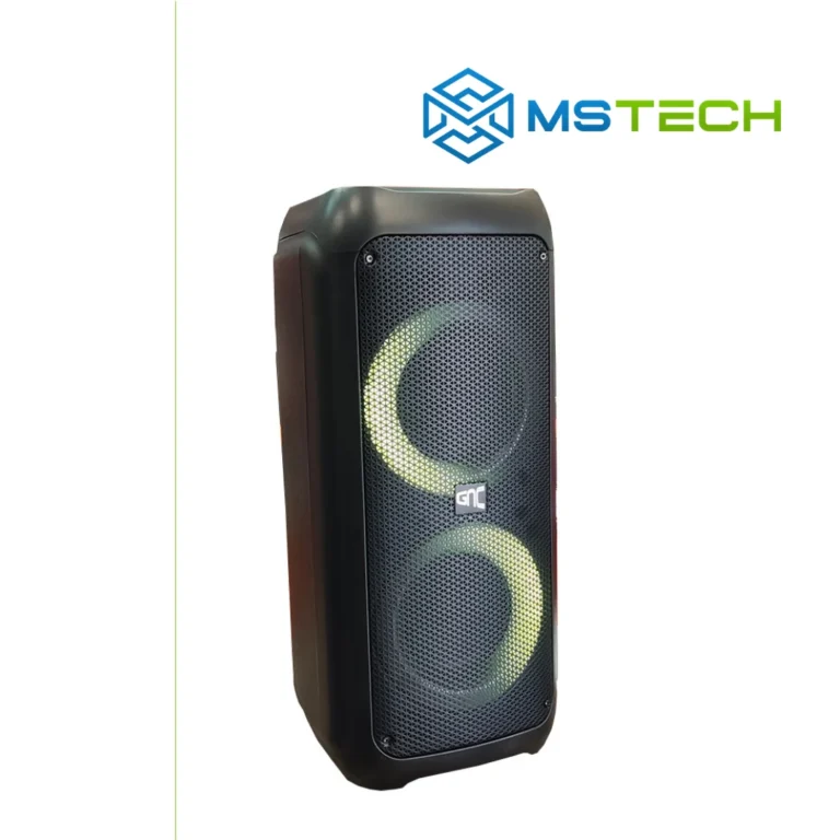 Na slici su prikazani GNC MusicBox Party 180W bluetooth i logo naše firme "MSTech"