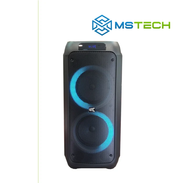 Na slici su prikazani GNC MusicBox Party 240W bluetooth i logo naše firme "MSTech"