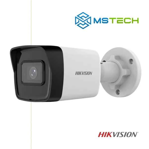 Na slici su prikazani HIKVISION DS-2CD1043G2-I IP BULLET KAMERA, logo naše firme "MSTech" i logo proizvođača "HIKVISION".