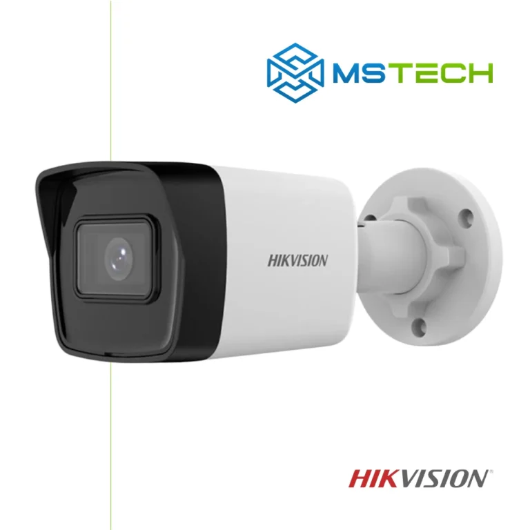 Na slici su prikazani HIKVISION DS-2CD1043G2-I IP BULLET KAMERA, logo naše firme "MSTech" i logo proizvođača "HIKVISION".
