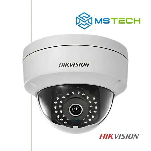 Na slici su prikazani HIKVISION DS-2CD1123G2-I EXIR FIXED DOME IP KAMERA, logo naše firme "MSTech" i logo proizvođača "HIKVISION".