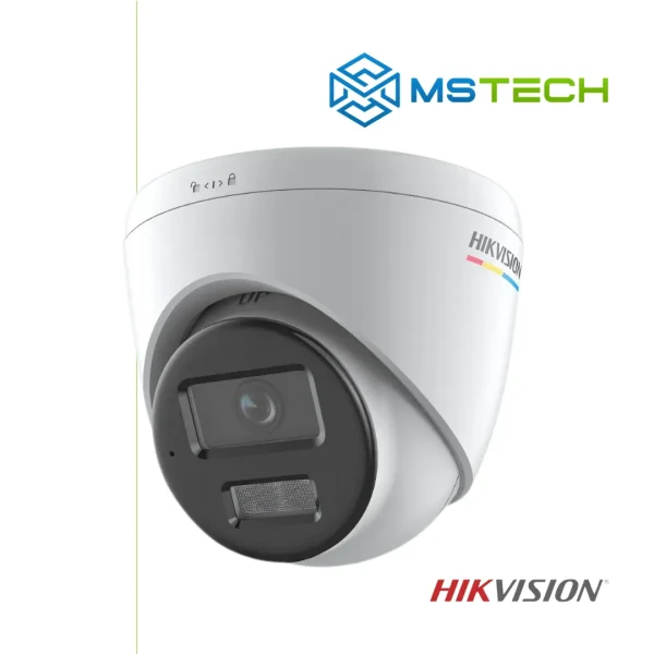 Na slici su prikazani HIKVISION DS-2CD1347G2H-LIU (2.8mm) IP COLORVU TURRET KAMERA, logo naše firme "MSTech" i logo proizvođača "HIKVISION".