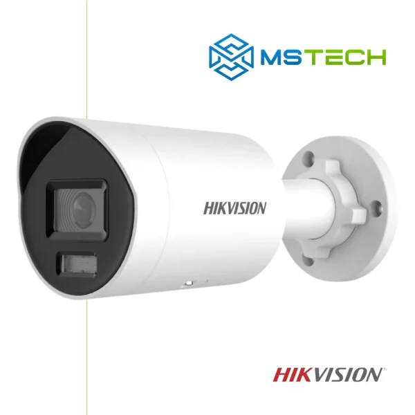 Na slici su prikazani HIKVISION DS-2CD2047G2H-LIU 4MP AcuSense ColorVu IP Kamera, logo naše firme "MSTech" i logo proizvođača "HIKVISION".