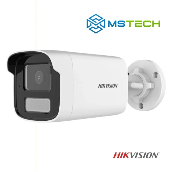 Na slici su prikazani HIKVISION DS-2CD1T43G2-LIU (6mm) SMART HYBRID IP BULLET KAMERA, logo naše firme "MSTech" i logo proizvođača "HIKVISION".