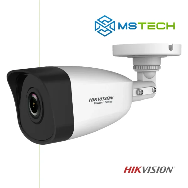 Na slici su prikazani HIKVISION HWI-B121H (2,8mm) IP BULLET KAMERA, logo naše firme "MSTech" i logo proizvođača "HIKVISION".