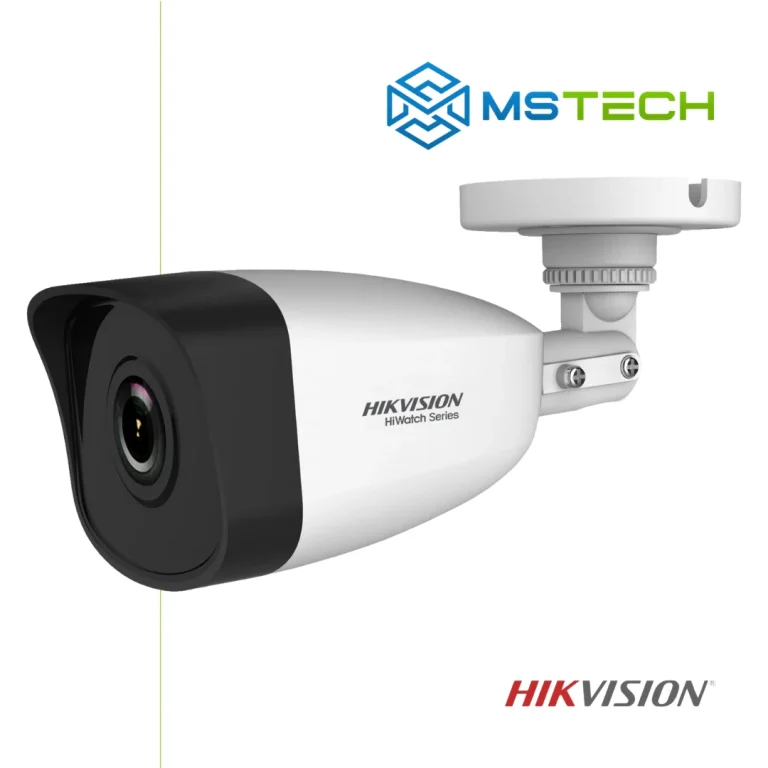 Na slici su prikazani HIKVISION HWI-B121H (2,8mm) IP BULLET KAMERA, logo naše firme "MSTech" i logo proizvođača "HIKVISION".
