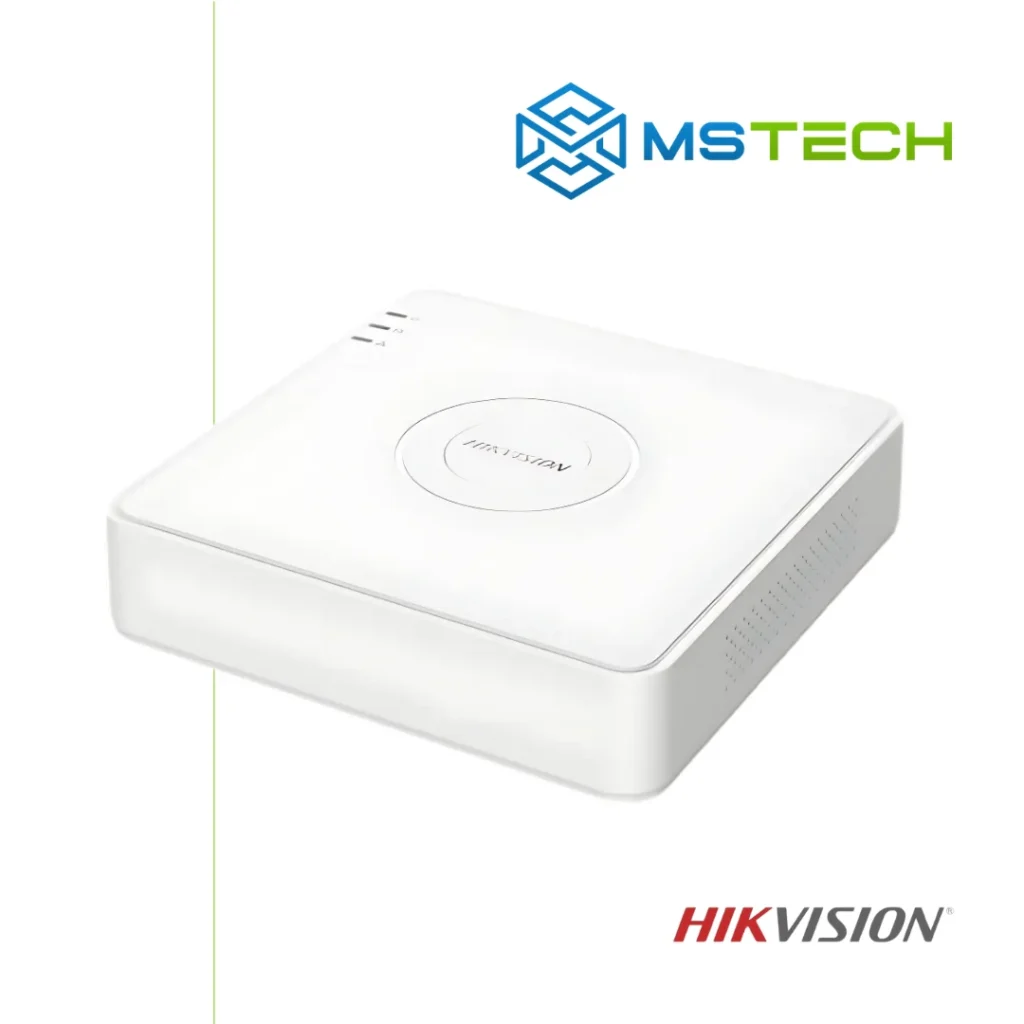 Na slici su prikazani HIKVISION iDS-7104HQHI-M1/S SNIMAČ, logo naše firme "MSTech" i logo proizvođača "HIKVISION".