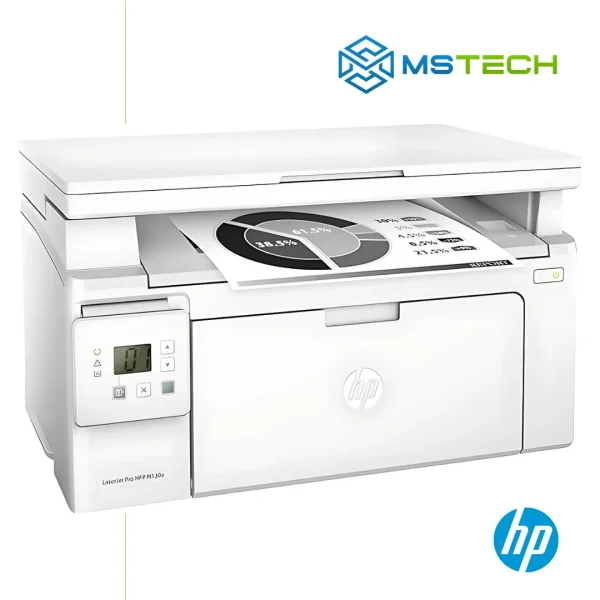 Na slici su prikazani HP LaserJet Pro M130a MFP printer, logo naše firme "MSTech" i logo proizvođača "HP".