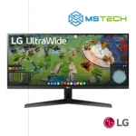 Na slici je prikazan LG Gaming Monitor UltraWide 29". Prikazana je njegova prednja strana sa grafikom. Pored toga na slici se nalazi logo naše firme "MSTech" i logo proizvođača "LG".