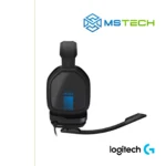 Na slici su prikazane Logitech ASTRO A10 Headset for PS4 slušalice crne boje sa bočne strane. Pored toga na slici se nalazi logo naše firme "MSTech" i logo proizvođača "LOGITECH"