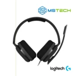 Na slici su prikazane Logitech ASTRO A10 Headset for PS4 slušalice crne boje sa prednje strane. Pored toga na slici se nalazi logo naše firme "MSTech" i logo proizvođača "LOGITECH"