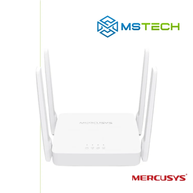 Na slici su prikazani Mercusys AC10 AC1200 Wireless Router Dual Band, logo naše firme "MSTech" i logo proizvođača "MERCUSYS".