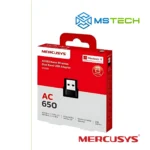 Na slici su prikazani Mercusys MA20N AC650 Wireless Nano USB Adapter, logo naše firme "MSTech" i logo proizvođača "MERCUSYS".
