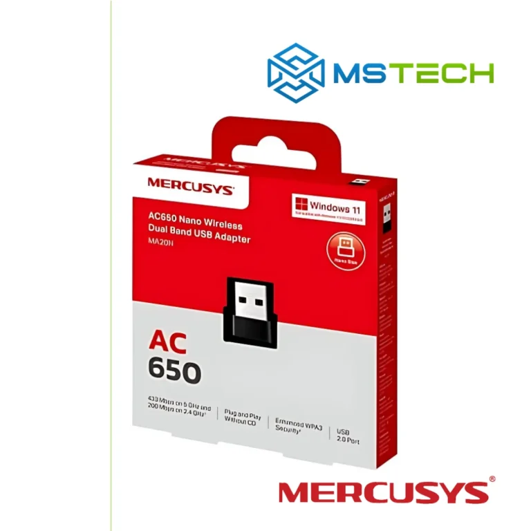 Na slici su prikazani Mercusys MA20N AC650 Wireless Nano USB Adapter, logo naše firme "MSTech" i logo proizvođača "MERCUSYS".