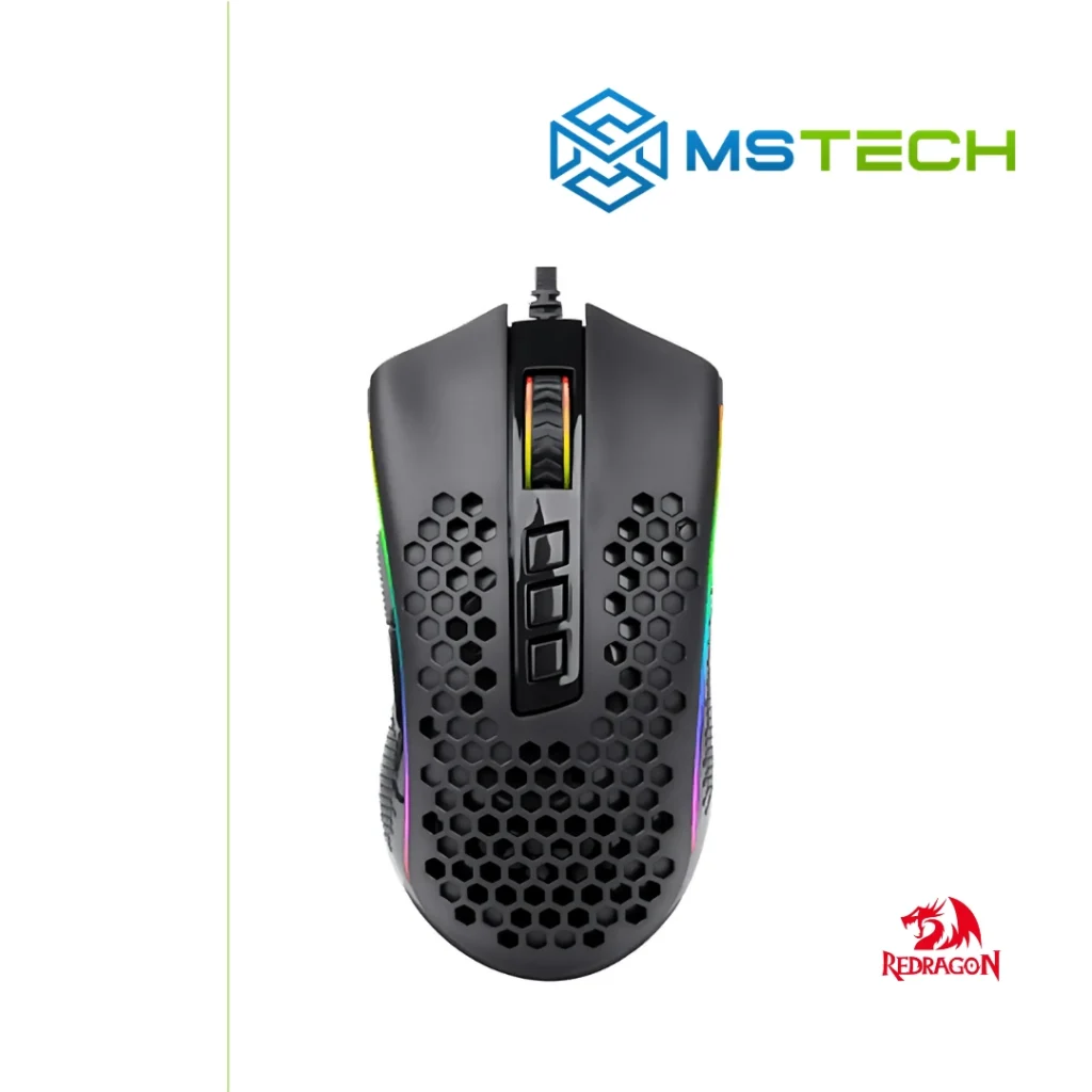 Na slici je prikazan ReDragon Storm M808 RGB Black Gaming miš. Prikazana je gornja strana miša. Na slici se pored toga nalazi logo naše firme "MSTech" i logo proizvođača "REDRAGON".