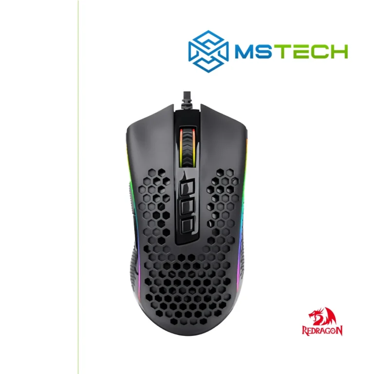 Na slici je prikazan ReDragon Storm M808 RGB Black Gaming miš. Prikazana je gornja strana miša. Na slici se pored toga nalazi logo naše firme "MSTech" i logo proizvođača "REDRAGON".