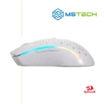 Na slici je prikazan ReDragon Storm M808 RGB White Gaming miš. Prikazana je lijeva strana miša. Na slici se pored toga nalazi logo naše firme "MSTech" i logo proizvođača "REDRAGON".