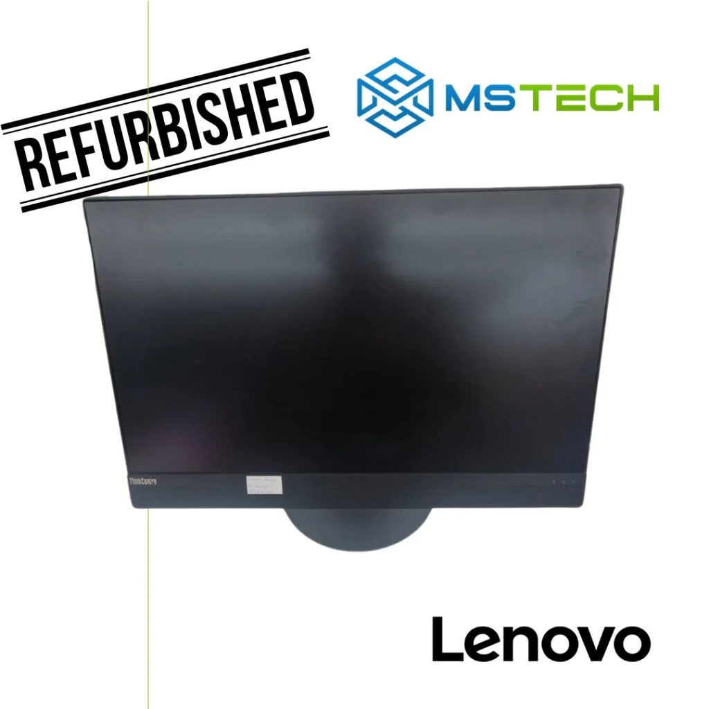 Na slici je prikazan REFURBISHED Lenovo All In One ThinkCentre 820OZ. Prikazana je prednja strana računara. Na slici se pored toga nalazi logo naše firme "MSTech", logo proizvođača "LENOVO" i naljepnica "REFURBISHED"