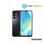 Na slici je prikazana prednja i zadnja strana Samsung Galaxy A16 4GB 128GB Black telefona. Pored toga na slici je prikazan logo naše firme "MSTech" i logo proizvođača "SAMSUNG".