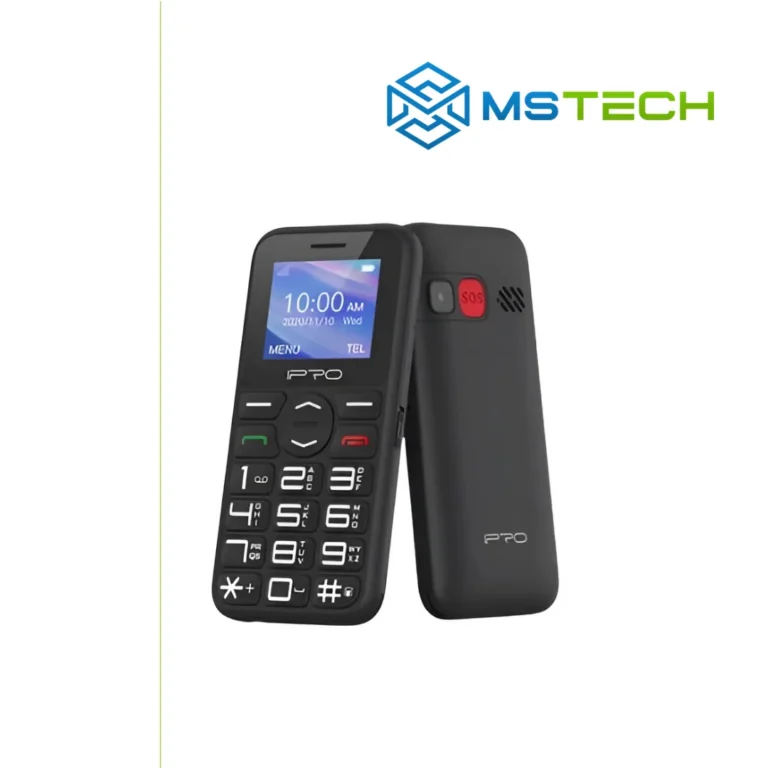 Na slici je prikazana prednja i zadnja strana Telefon na tipke IPRO 183N Black. Pored toga na slici je prikazan logo naše firme "MSTech".