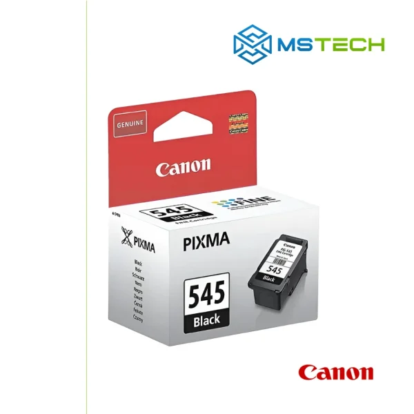 Na slici su prikazani Tinta Canon PG-545 Black, logo naše firme "MSTech" i logo proizvođača "CANON".