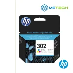 Na slici su prikazani Tinta HP No.302 Color, logo naše firme "MSTech" i logo proizvođača "HP".