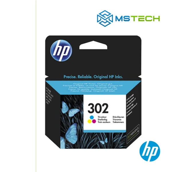 Na slici su prikazani Tinta HP No.302 Color, logo naše firme "MSTech" i logo proizvođača "HP".