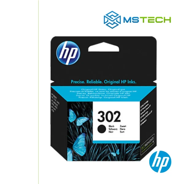 Na slici su prikazani Tinta HP No.302 Black, logo naše firme "MSTech" i logo proizvođača "HP".