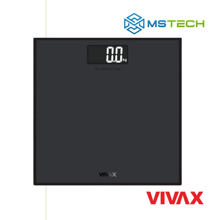 Na slici su prikazani VIVAX HOME LIČNA VAGA PS-157BM, logo naše firme "MSTech" i logo proizvođača "VIVAX".