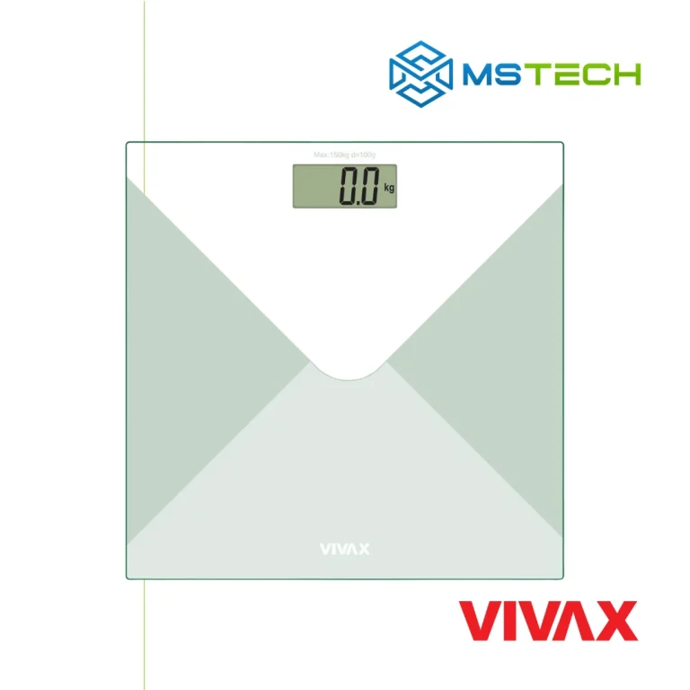 Na slici su prikazani VIVAX HOME LIČNA VAGA PS-156WG, logo naše firme "MSTech" i logo proizvođača "VIVAX".