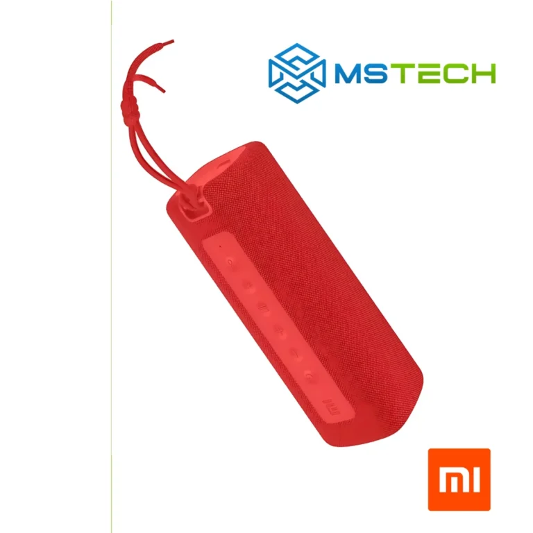Na slici je prikazan Xiaomi Mi Portable Bluetooth Speaker 16 W Red. Prikazana je prednja strana zvučnika. Na slici se pored toga nalazi logo naše firme "MSTech" i logo proizvođača "XIAOMI".
