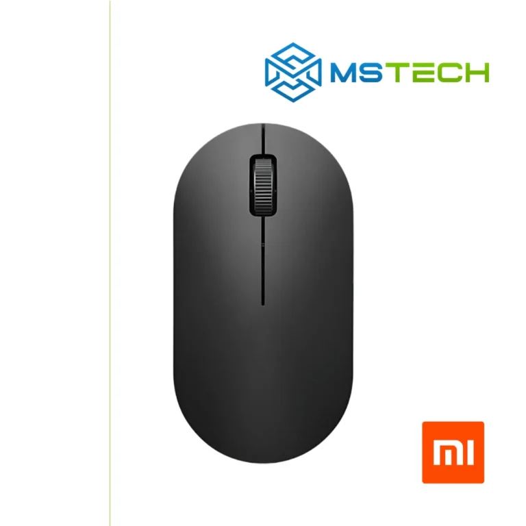 Na slici je prikazan miš Xiaomi Wireless Mouse Lite 2 Black. Prikazana je prednja strana miša. Na slici se pored toga nalazi logo naše firme "MSTech" i logo proizvođača "XIAOMI".