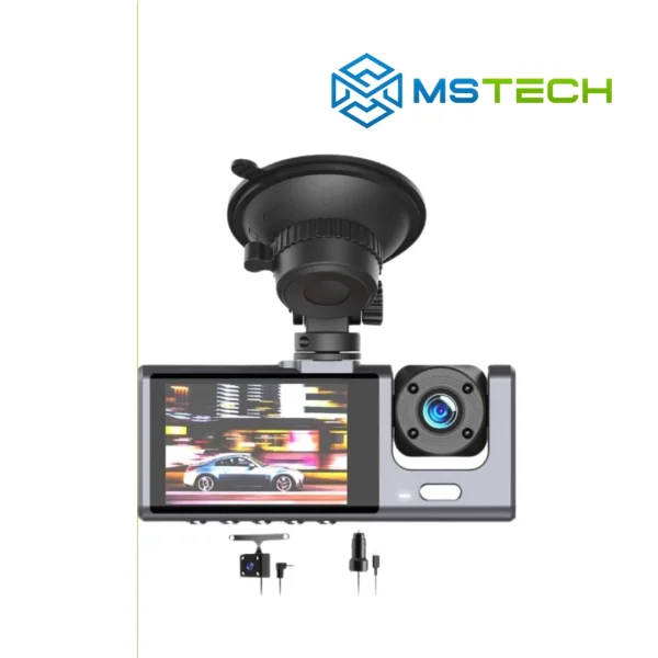 Na slici su prikazani XO J03 Kamera i video snimač za auta 1080 HD Black i logo naše firme "MSTech"